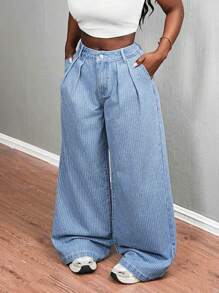 SHEIN Slayr Women's Casual Washed Striped Wide Leg Jeans - Blue - View 5