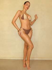 SHEIN Swim Damen Farbblock Patchwork Romantik Urlaub Metall Perlen Dreieck Bikini Set, Sommer Strand Urlaub - Verschiedenfarbig - Übersicht 5