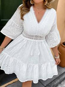 SHEIN VCAY Plus Size Romantic Island V-Neck White Embroidered Fabric Waist Splice Lace Trim A-Line Short Dress Spring Outfits For Women,Summer Outfits For Women,Beach Outfits For Woman,Brunch Outfits For Women, Airport Outfit For Women,Sundress,Vacation Dress,Graduation Dress