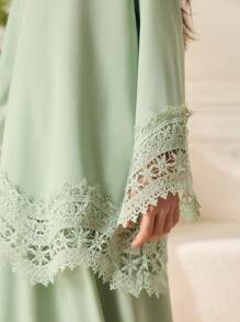 3pcs Tween Girls Sets: Mint Green Long Sleeve Embroidered Floral Trim Robe + Headscarf, Suitable For Outings, School, Home Ritual Abaya Outfit With Headscarf - Green - View 7