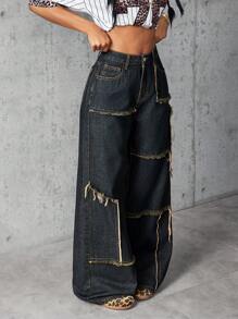 SHEIN Tall Women's Denim Chaps Style Wide Leg Patchwork Jeans With Frayed Edges - Dark Wash - View 1