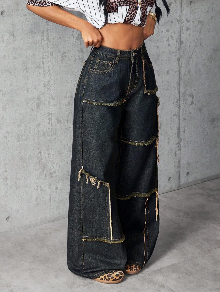 SHEIN Tall Women's Denim Chaps Style Wide Leg Patchwork Jeans With Frayed Edges - Dark Wash - View 1