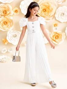 SHEIN Tween Girl Fitted Elegant Square Neck Elegant Puff Sleeve Wide Leg Pleated Jumpsuit - White - View 4