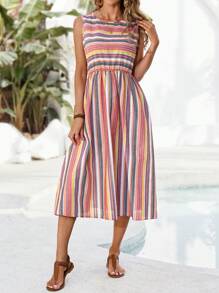 EMERY ROSE Women Sleeveless Casual Striped Dress, Vacation Style - Multicolor - View 4