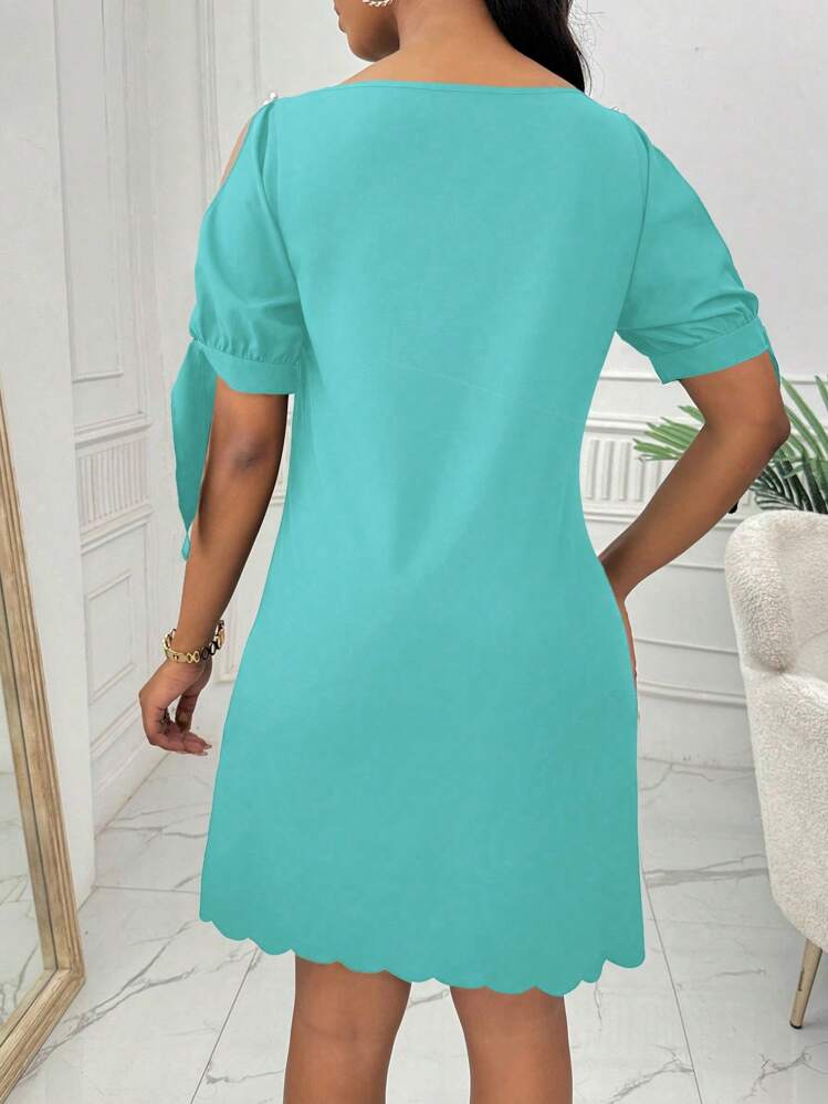 SHEIN Unity Robe courte à manches courtes de couleur unie avec perles, style minimaliste mode casual pour un port quotidien pour femmes - Vert menthe - Voir 2