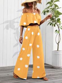 SHEIN Clasi 2pcs/Set Off-The-Shoulder Polka Dot Print Cropped Top And Wide-Leg Pants - Yellow - View 3