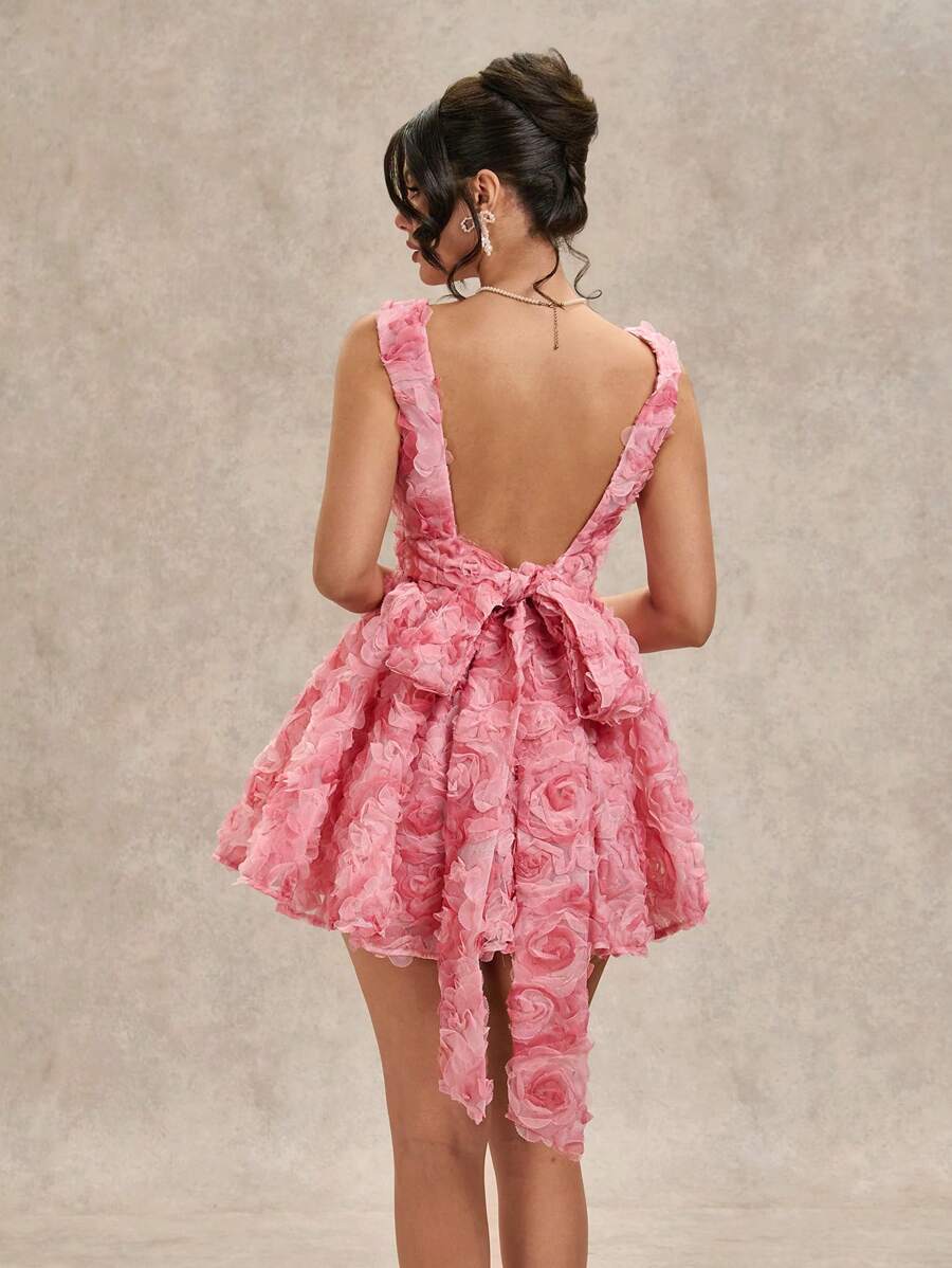 SHEIN BAE Spring & Summer Solid Pink 3D Rose Flower Square Neck Spaghetti Strap Backless Bowknot Puff Mini Dress, Princess Dress, Valentine's Day Dress, Party Dress, Romantic Date Dress, Bridesmaid Dress, Ball Gown, Casual Commute Dress, Pink Dress, Birthday Dress