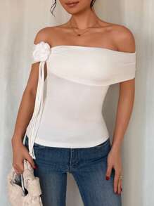 Chiquease High-End Charming Elegant Flower Ribbon Off Shoulder Open Shoulder Sexy Short Sleeves