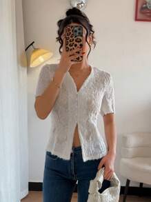 Chiquease Elegant V-Neck Sexy Versatile Short Sleeve Blouse - White - View 4