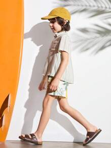 SHEIN Young Boys Beige Plant Print Elastic Waist Loose Sweatshirt Fabric Shorts Casual Holiday Style, Outdoor Sports Style - Beige - View 4