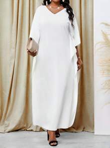 SHEIN Lady Spring And Summer Casual Elegant Boho Casual Outing Office White Knitted V Neck Flounce Flounce Sleeve Split Tunic Dress Kaftan Dress Long Short Sleeve Plus Size Dresses Elegant Women Dresses Classy Outfits Spring Outfits For Women Summer Dress Vacation Beach Vacation Outfits Spring Clothes Summer Clothes Beach Outfits For Woman Dresses For Women Elegant Modest Dress Abaya Dress Bohemian Boho Women Clothing White Dresses Beach Vacation Dresses For Women Elegant