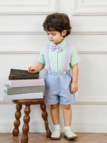 SHEIN 2 件套男婴格子连体裤搭配蝴蝶结衬衫和吊带短裤绅士装，蓝色和紫色 - 彩色 - 查看 1