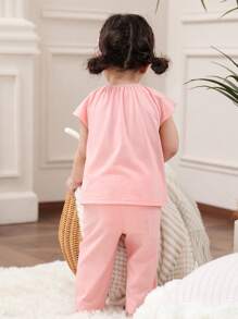 SHEIN 2pcs/Set Baby Girls Cute Minimalist Lace Trim Round Neck Short Sleeve Loose And Comfy Pink Knit Pajama Set Baby Clothes For Girls Baby Girls Sets Baby Girl Clothes Cotton Baby Clothes For Girls Casual Cotton Baby Girl Clothes Baby Girl Cotton Clothes