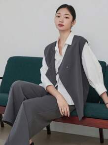 DAZY Damen Set aus einfarbiger, locker sitzender Blazer-Weste und Hose, Business-Kleidung für den Herbst