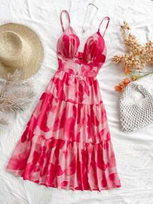 Dreamara Plus Size Women Summer Vacation Spaghetti Strap V-Neck Hollow Out Backless Butterfly Print Dress - Pink - View 3