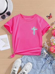 Tween Girls' Casual Fashion Comfortable Minimalist Colorful Graphic Tee, Short Sleeve T-Shirt For Spring & Summer, School, Campus, College - Hot Pink - View 3