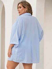Swim Lushoire Conjunto de dos piezas para mujer, camisa y pantalones cortos de verano, de rayas azules y blancas, de manga tres cuartos, como cubridor de playa y tiempo libre, talla grande, para vacaciones