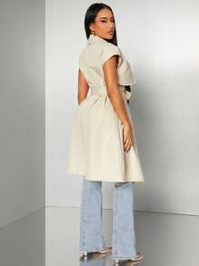 SHEIN SXY Early Spring Elegant Commuting Solid Khaki Double-Breasted Lace-Up Sleeveless Trench Coat