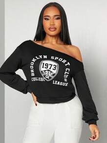 SHEIN SXY Black Vintage American Style Asymmetric Shoulder Loose Fit Letter Print Sweatshirt, Casual Sports/College/Back To School/Daily Wear/Game Viewing, Versatile Pullover Top, Spring/Summer - Black - View 5
