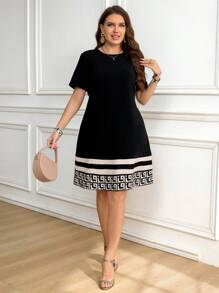 SHEIN LUNE Women Plus Size Round Neck Short Sleeve Stripe Casual Dress Country Concert Outfit  Wedding Guest Summer Spring Outfits For Women Elegant Business Casual Woman Easter Vacation Boho Mother Day