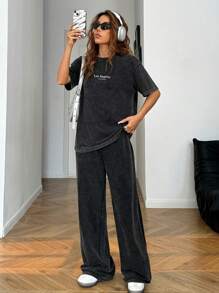 SHEIN EZwear 女士休闲圆领短袖上衣和长裤套装 - 黑色 - 查看 6