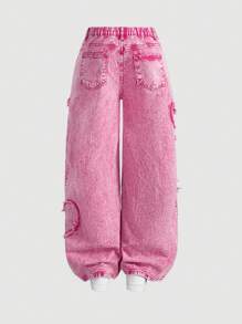 Quần jean ống đứng cotton thường ngày họa tiết trái tim cỡ lớn màu hồng - Hồng - Xem 2