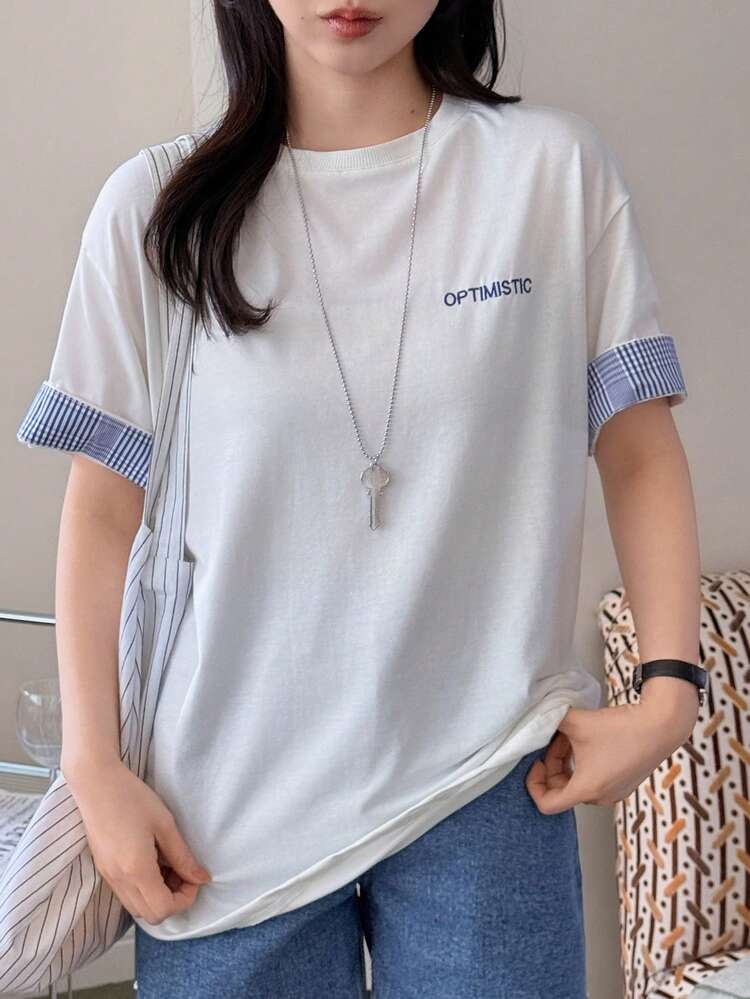 Women's Colorblock Plaid Patchwork Short Sleeve T-Shirt