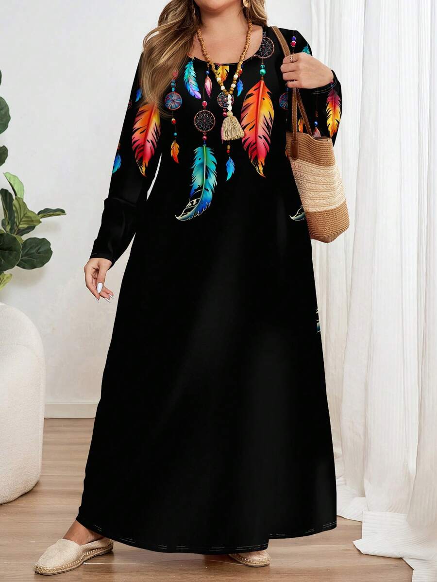 EMERY ROSE Plus Size Colorful Feather Printed Round Neck Long Sleeve Dress