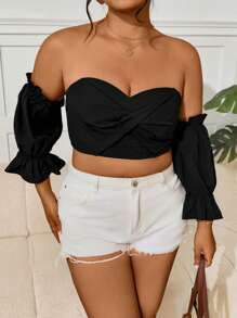 SHEIN VCAY 大码女式露肩短袖扭纹前短款上衣 - 黑色 - 查看 6