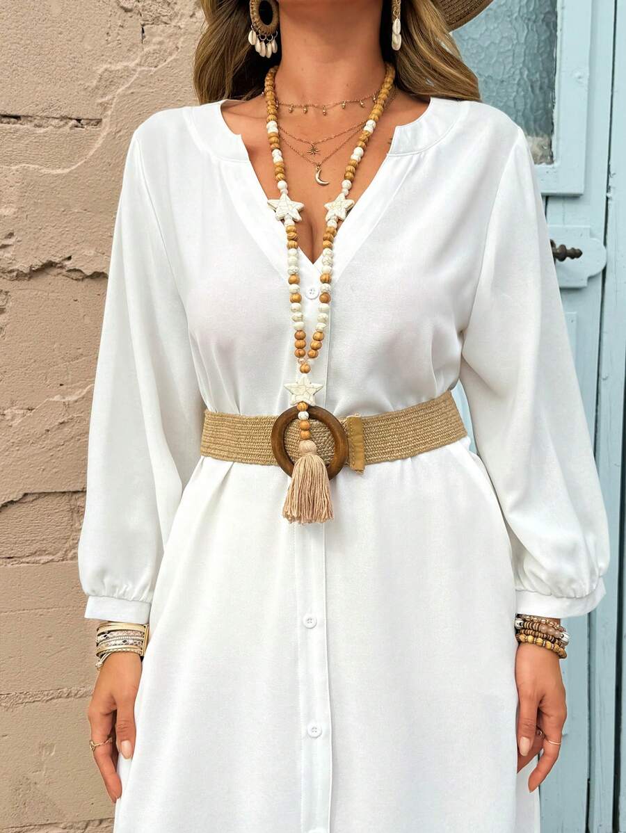 Breezaya 大码女式纯色深 V 领纽扣长袖宽松休闲长裙 - 白色 - 查看 1