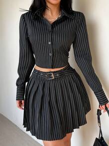 INAWLY Striped Print Crop Shirt & Pleated Skirt Fall Cloth For Women - Black - View 7