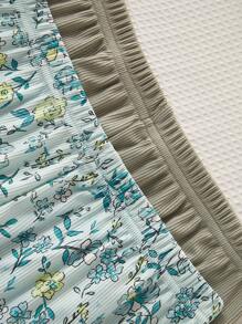 Conjunto de pijama de 4 peças com Top de manga curta e calça, estampa floral, malha texturizada nervurada, confortável, para meninas pré-adolescentes - Multicolorido - Visão 7