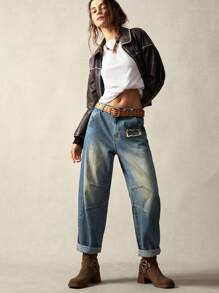 Bohemela 休闲编织宽松低腰大码哈伦牛仔裤