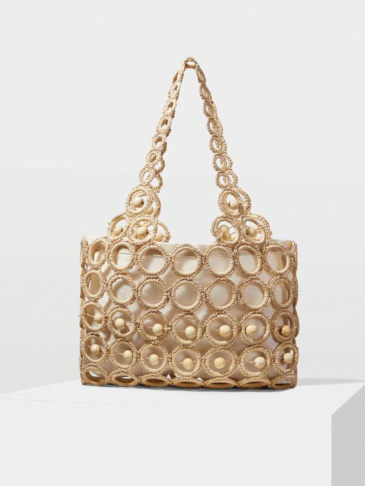 FASHIONABLE VACATION HOLLOW-OUT BEADED DETAIL SHOULDER BAG, ELEGANT BAG
