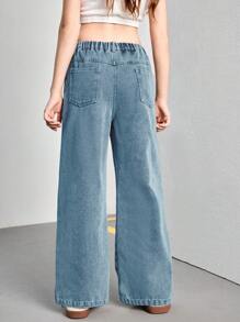 Tween Girls Light Washed Relaxed Straight Leg Jeans, Casual & Versatile Minimalist Design, Suitable For Daily Wear - Medium Wash - View 2