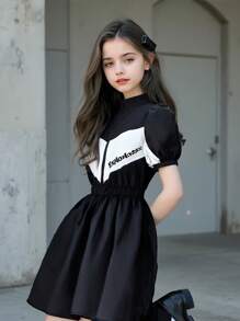 SHEIN 1件套时尚黑色休闲连衣裙，适合青少年女孩 - 黑色 - 查看 1