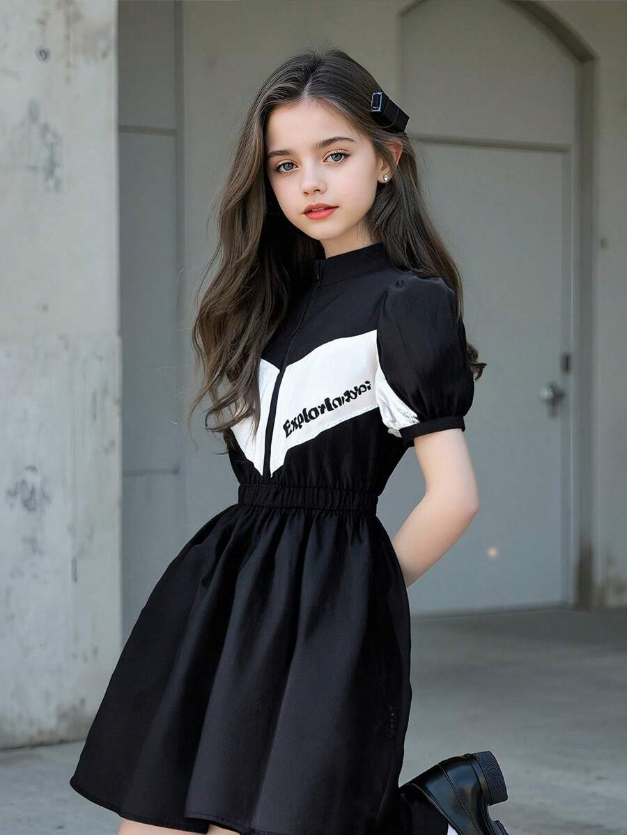 SHEIN 1件套时尚黑色休闲连衣裙，适合青少年女孩 - 黑色 - 查看 1