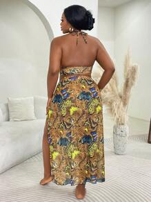 SHEIN Slayr CURVE Conjunto de 3 piezas talla grande para mujer - Top con cuello halter y cruce delantero hueco, estampado de mariposas al azar, conjunto con falda transparente de abertura alta y fondo a juego, traje de baño sexy y de moda para playa y resort, vacaciones de verano