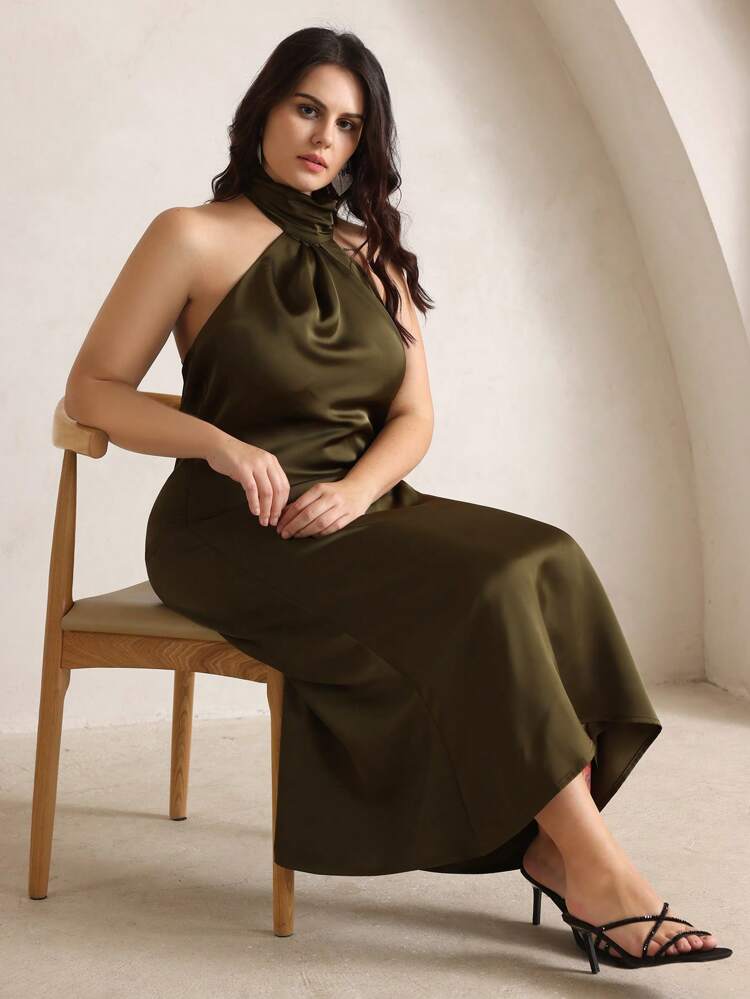 Deep Green Plus Size Sleeveless Dress, Urban Elegant Lightweight Evening Gown, Sexy Cinched Waist Modest Backless Summer Outfits For Women