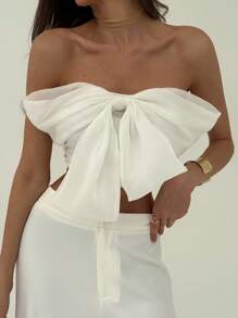 Aloruh White Contrast Fabric Bow Front Bustier Crop Top, Romantic For Wedding And Date