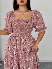 Elenzga 大码优雅碎花泡泡袖连衣裙 - 粉色 - 查看 2