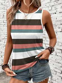 SHEIN LUNE Casual Striped Pattern Round Neck Tank Top For Women, Suitable For Summer - Multicolor - View 4