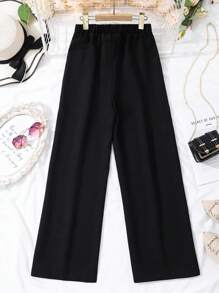 SHEIN Teen Girl Solid Color Elastic Waist Casual Simple Long Pants, Daily Wear - Black - View 2
