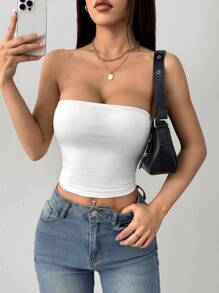 SHEIN PETITE 女款緊身休閒白色抹胸上衣，適合運動（含胸墊），適合嬌小女性 - 白色 - 查看 4