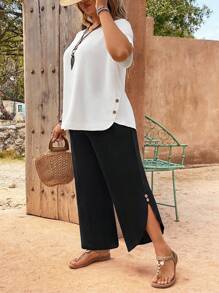 EMERY ROSE Plus Size Women's Black And White Contrast Casual Two-Piece Suit - Black and White - View 1