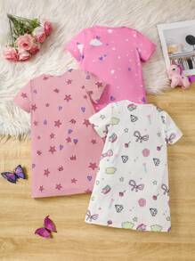SHEIN Leap Crew 3pcs Young Girl Summer Cute Unicorn Cap Sleeve Knit Comfortable Loose Home Nightdress Three Pieces Set - Pink - View 2