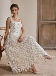 Anewsta Váy dài bồng bềnh không tay lưới xếp nếp lông vũ thanh lịch, váy dự tiệc cưới mùa hè dành cho nữ - Màu be - Xem 4