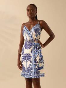 CAJUNI Women's Boho Tropical Blue Coconut Tree, Bird Print, Vacation Casual Summer Beach Suspender Wrap Dress - Multicolor - View 3