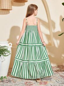 SHEIN Leap Crew Váy yếm in họa tiết sọc rộng rãi cho bé gái tuổi teen, đi nghỉ - màu xanh lá - Xem 7