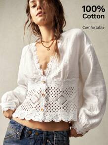 Bohemela Plus Size Solid V-Neck Long Sleeve Fitted Blouse,Vintage - White - View 1